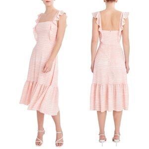 BCBG Paris pink dot print ruffle sleeveless midi dress L